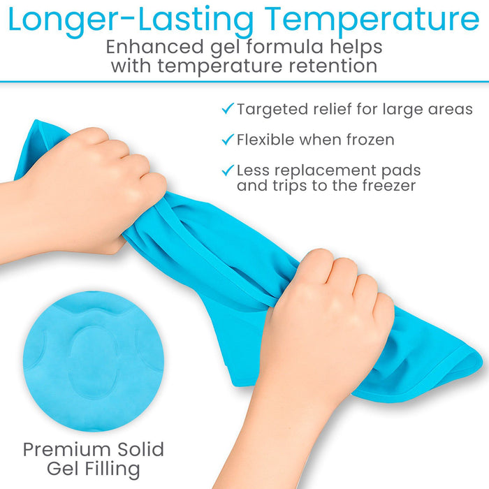 Blue gel pack being held by hands with text highlighting its features on a white background