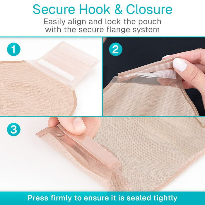 Instructions on how to use a secure hook and closure system on a pouch.