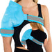 Person wearing a blue and gray shoulder brace on a white background