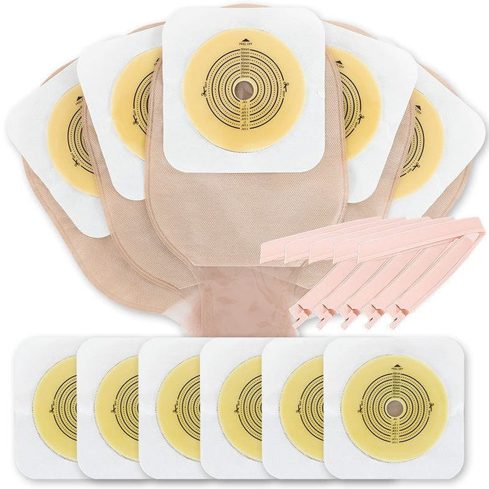 Colostomy bag set with pouch, skin barrier, and adhesive strips on a white background