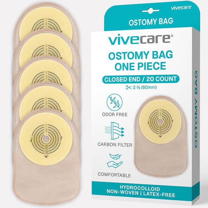 Vivecare ostomy bags with packaging on a white background
