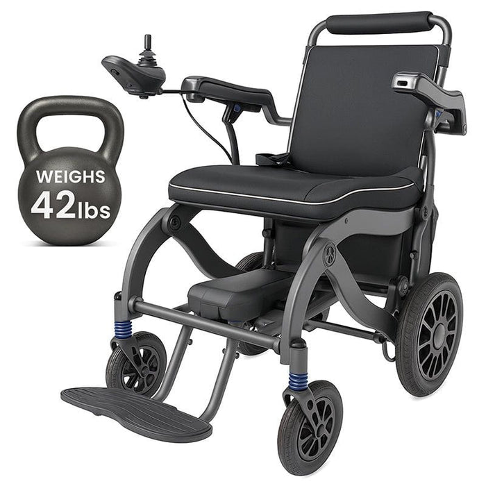 Black and gray electric wheelchair with a 42-pound weight indicator on a white background