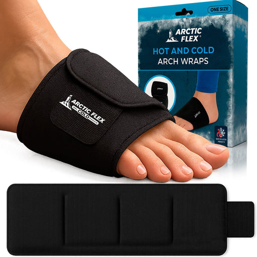 Black Arctic Flex hot and cold arch wrap on a foot with packaging in the background