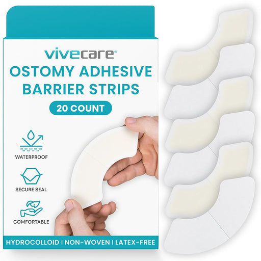 Vivecare ostomy adhesive barrier strips packaging with product display