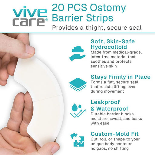 Vive Care ostomy barrier strips with a hand holding one, highlighting features on a white background.