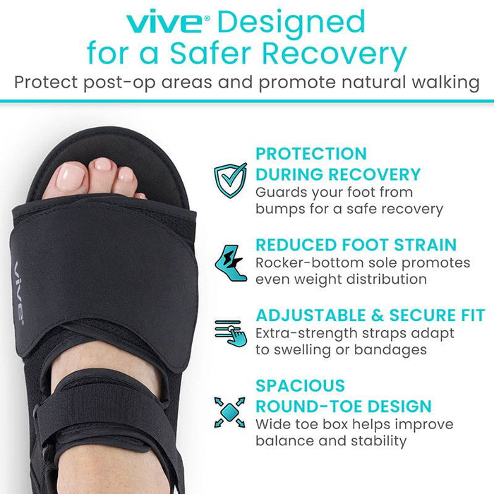 Rounded post-surgical boot with strong straps and roomy toe box for stable healing after injury.