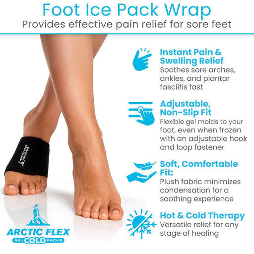 Foot ice pack wrap with features and benefits on a white background