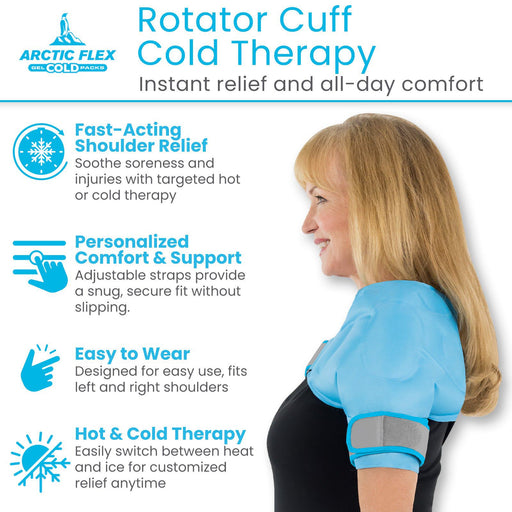 Arctic Flex rotator cuff cold therapy product with a woman wearing it, featuring text on benefits.