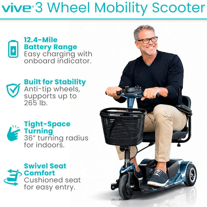 3 Wheel Mobility Scooter - Electric Long Range Powered Wheelchair
