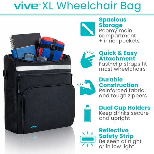 XL Wheelchair bag. spacious storage, quick and easy attachment, durable construction, dual cup holders, reflective safety strip