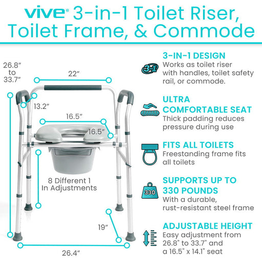 Vive 3-in-1 Toilet Riser, Toilet Frame & Commode