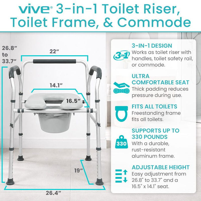 Vive 3-in-1 Toilet Riser, Toilet, Frame & Commode