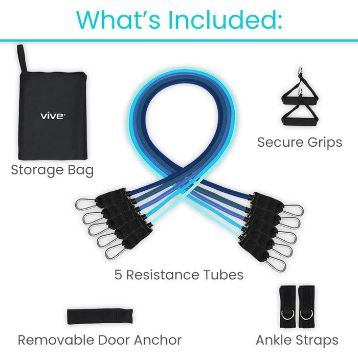 Includes Storage Bag, Secure Grips, 5 Resistance Tubes, Ankle Straps, Removable Door Anchor