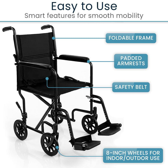 Black Core Transport wheelchair with features foldable frame, padded armrests, and safety belt