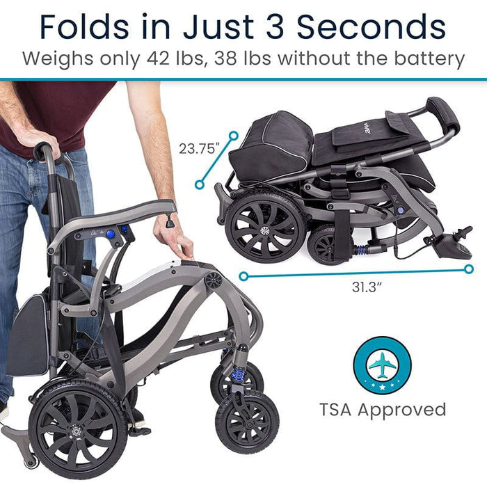 Foldable scooter with text highlighting features like weight, folding time, and TSA approval.