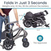 Foldable scooter with text highlighting features like weight, folding time, and TSA approval.