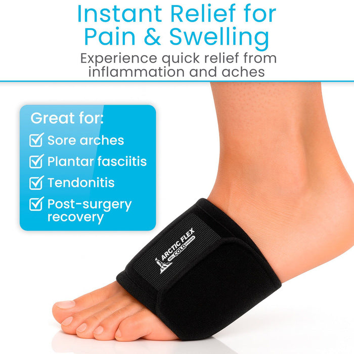 Black ankle support brace on a foot with text about pain relief and product features.