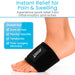 Black ankle support brace on a foot with text about pain relief and product features.