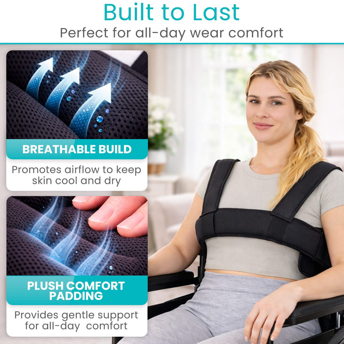 Woman wearing a back support brace with text on breathable build and plush comfort padding.