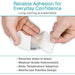 Hands holding a medical-grade hydrocolloid dressing with text about reliability and features.