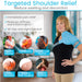 Woman wearing a shoulder brace with targeted shoulder relief features and benefits displayed.