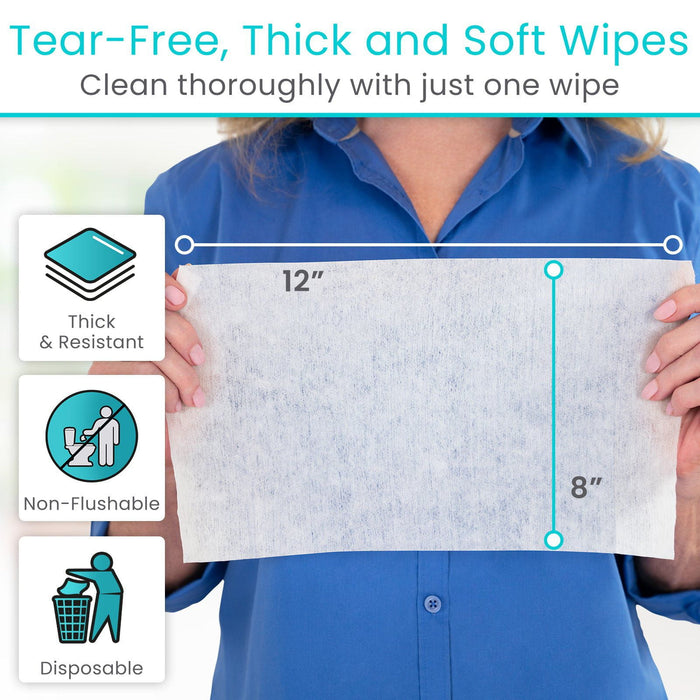 Tear-free, thick and soft wipes. 12" x 8". Disposable and non-flushable