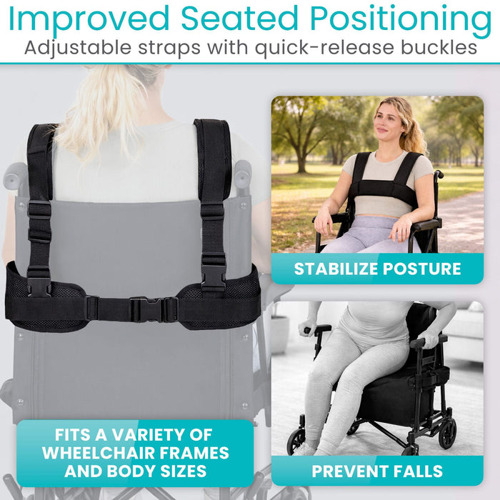 Wheelchair harness system with adjustable straps and quick-release buckles, shown on a wheelchair and a person using it.