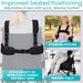 Wheelchair harness system with adjustable straps and quick-release buckles, shown on a wheelchair and a person using it.