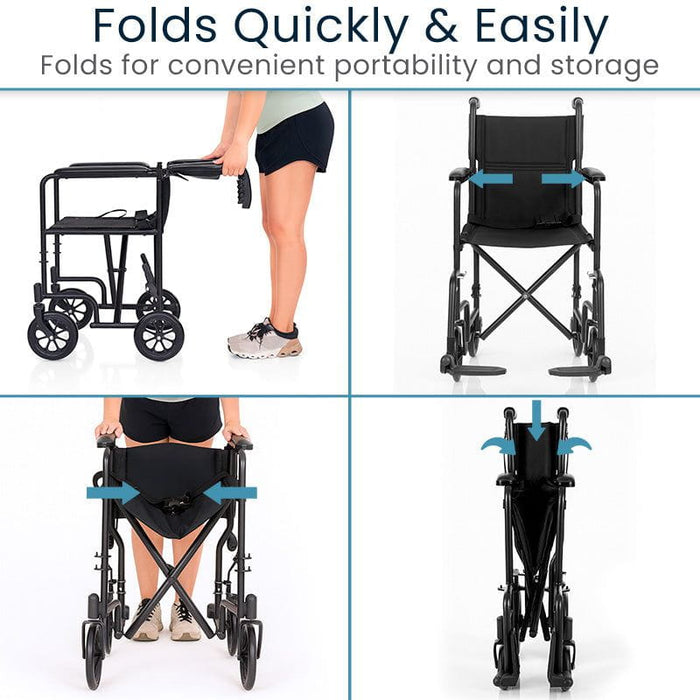 Collapsible wheelchair being folded and unfolded with text highlighting convenience.