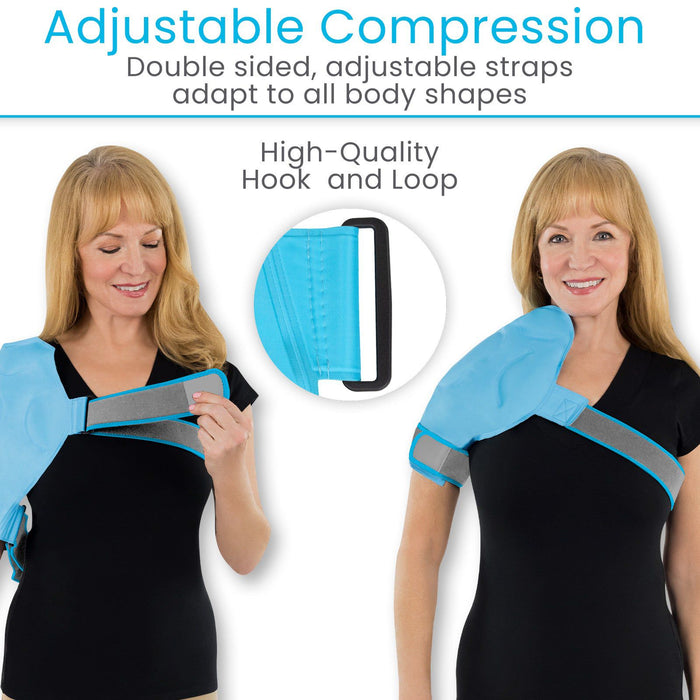 Woman wearing a blue compression garment with adjustable straps, highlighting high-quality hook and loop fastening.