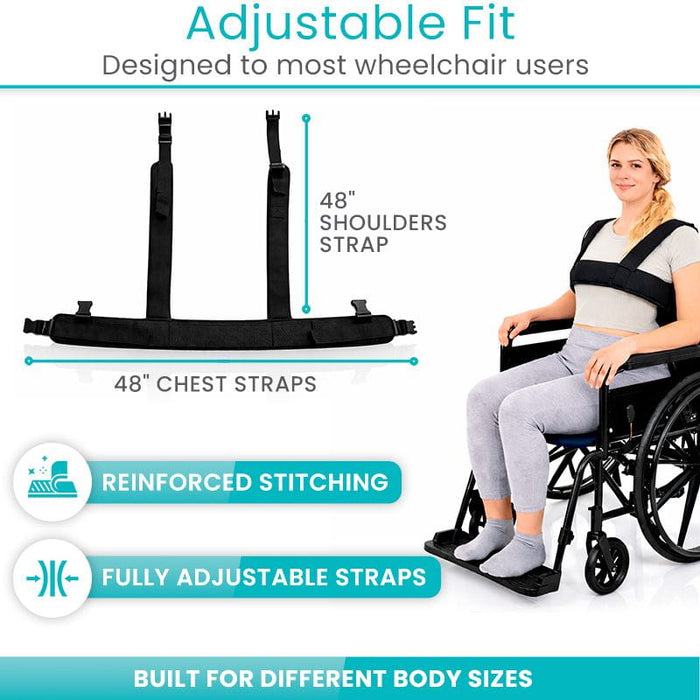 An adjustable wheelchair support harness shown on a white background with text callouts for shoulder and chest strap lengths, plus a woman in a wheelchair wearing the product. The image highlights reinforced stitching and fully adjustable straps.