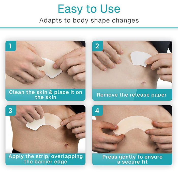 Step-by-step guide on applying a adhesive patch with text 'Easy to Use' and 'Adapts to body shape changes'.