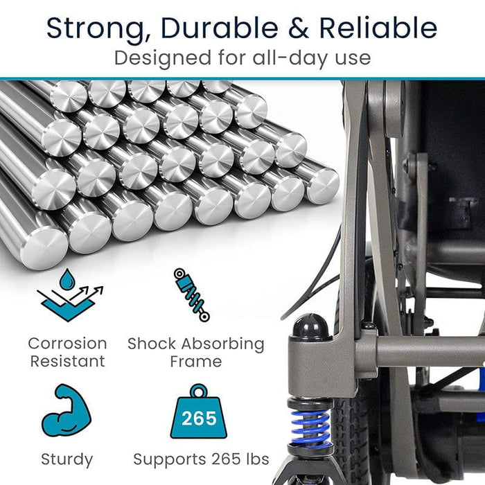 Wheelchair components with text highlighting features like corrosion resistance, shock absorption, and weight capacity.