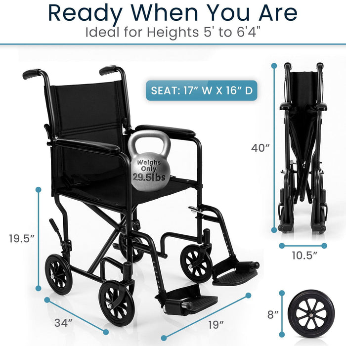 Black transport wheelchair with measurements