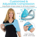Compression garment with adjustable straps, showing measurements and a woman wearing it.