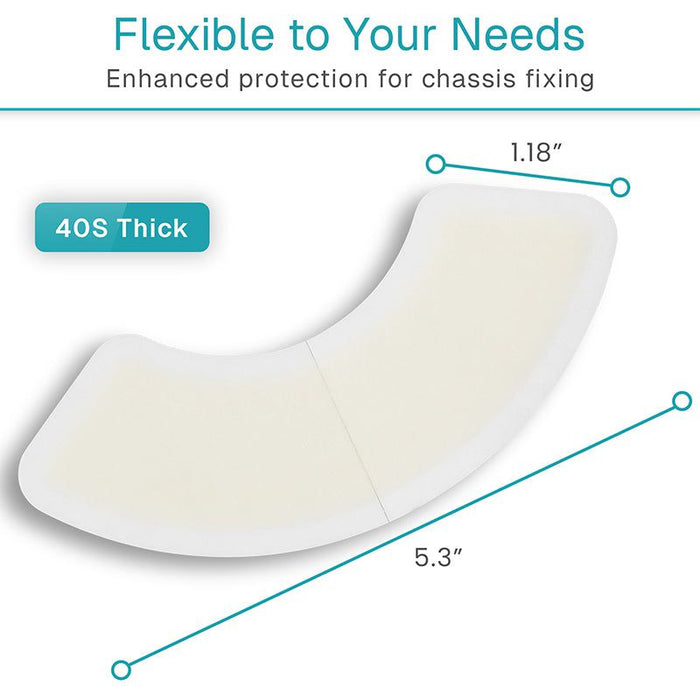 White U-shaped cushion with measurements and text on a white background