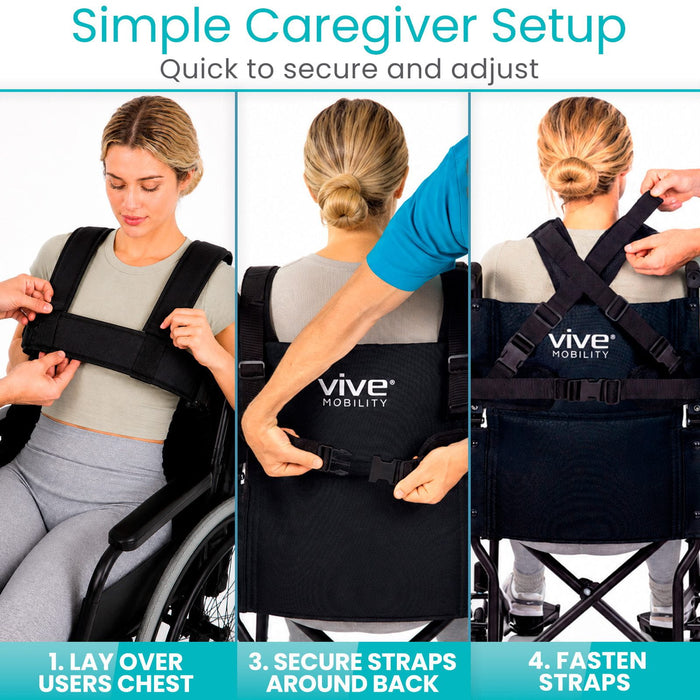 Vive Mobility caregiver setup harness being demonstrated on a person in a wheelchair.