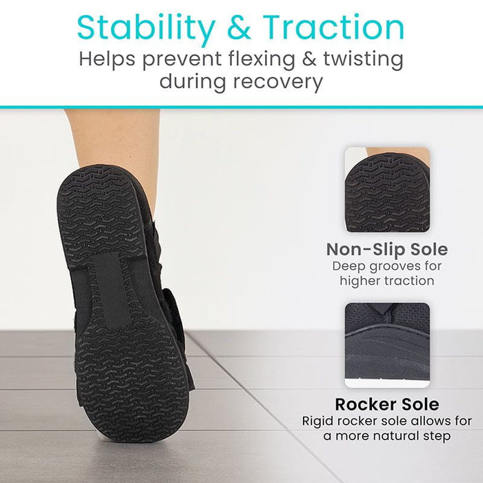 Rounded post-surgical boot with strong straps and roomy toe box for stable healing after injury.