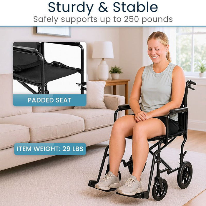 Woman using a black manual wheelchair in a living room. Text stating wheelchair safely supports up to 250 lbs