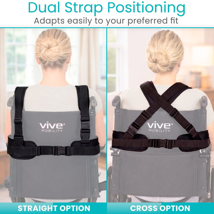 Vive Mobility dual strap positioning system with straight and cross options on a person in a wheelchair.