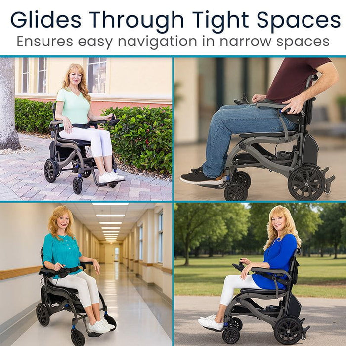 Collage of a person using a mobility scooter in various settings with text 'Glides Through Tight Spaces'.
