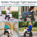 Collage of a person using a mobility scooter in various settings with text 'Glides Through Tight Spaces'.
