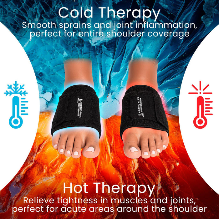 Cold and hot therapy foot wraps with temperature icons and text on a fiery and icy background.