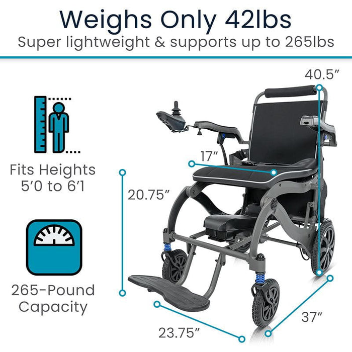 Lightweight wheelchair with dimensions and weight capacity details on a white background