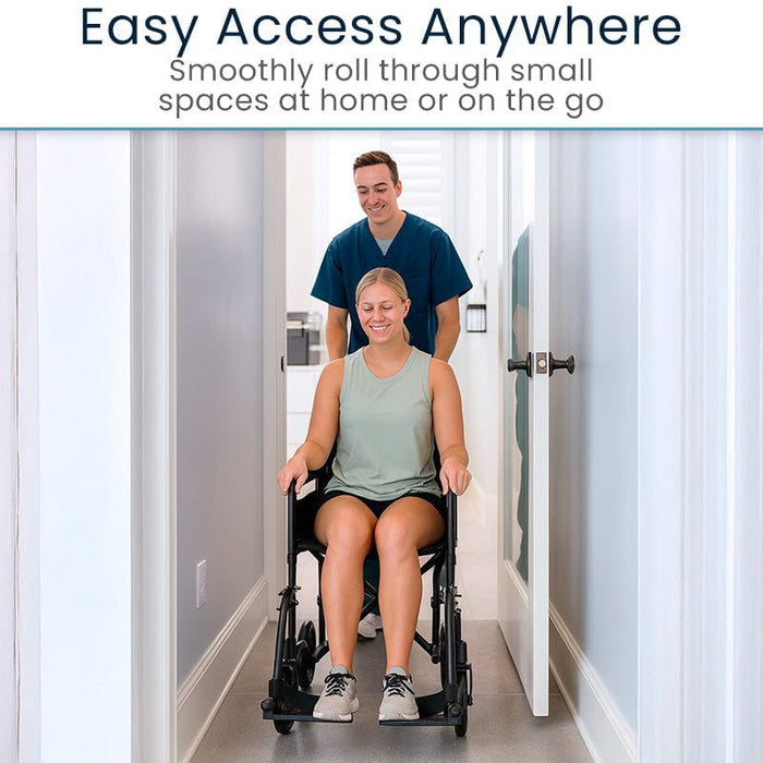Woman using a wheelchair with a man assisting her, with text about easy access anywhere.