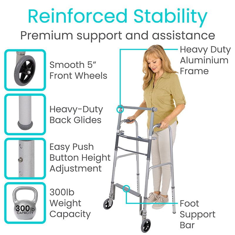 Smoth 5" front wheels, heavy duty aluminum frame, heavy-duty back glides, easy push button height adjustment, and foto support bar.