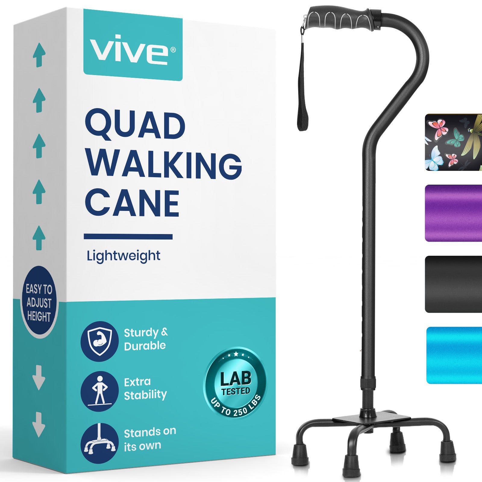 Packaging box for Vive Quad Walking Cane, showing the cane with a black handle and four-prong base, along with visual attributes like 'Lightweight', 'Sturdy & Durable', and 'stands on its own'.