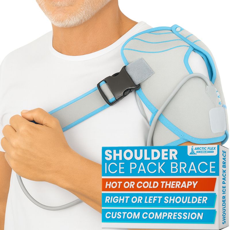 Shoulder ice pack brace with packaging on a white background