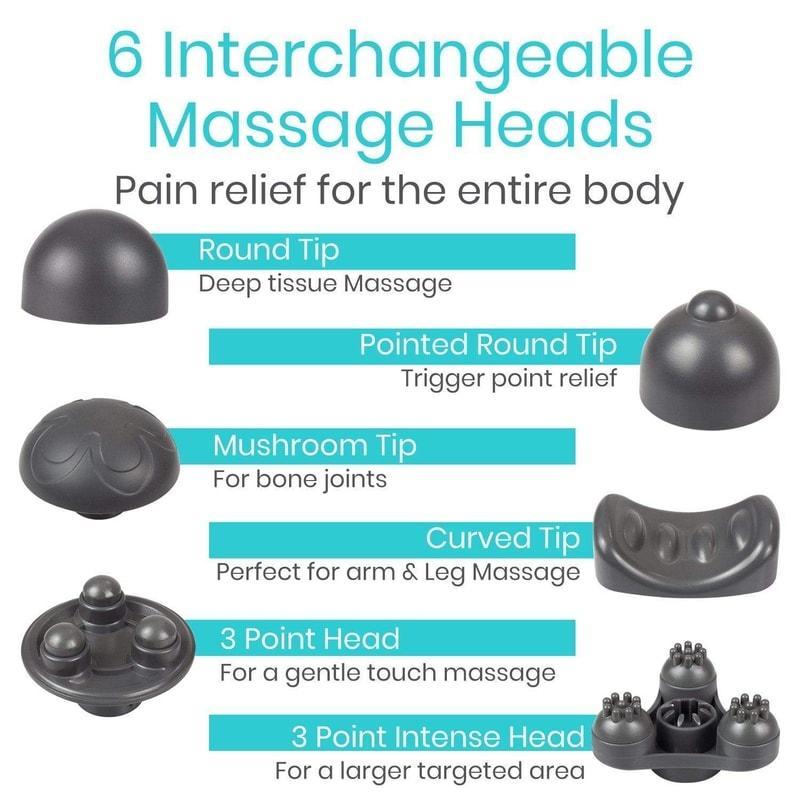 6 Interchangeable Massage Heads. Pain relief for the entire body. Round Tip: deep tissue massage, Pointed Round Tip: trigger point relief, Mushroom Tip: for bone joints, Curved Tip: perfect for arm & leg massage, 3 Point Head: for a gentle touch massage, 3 Point Intense Head: for a larger targeted area