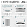 Filter replacement steps. 1, twist the filter cover counterclockwise to release. 2, pull straight up to remove the filter. 3, place new filter inside the Sequoia. 4, rotate clockwise to lock new filter in place.